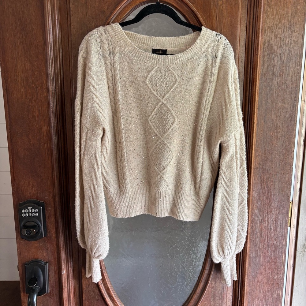 Cream and Gold Sequin Cable Knit Sweater